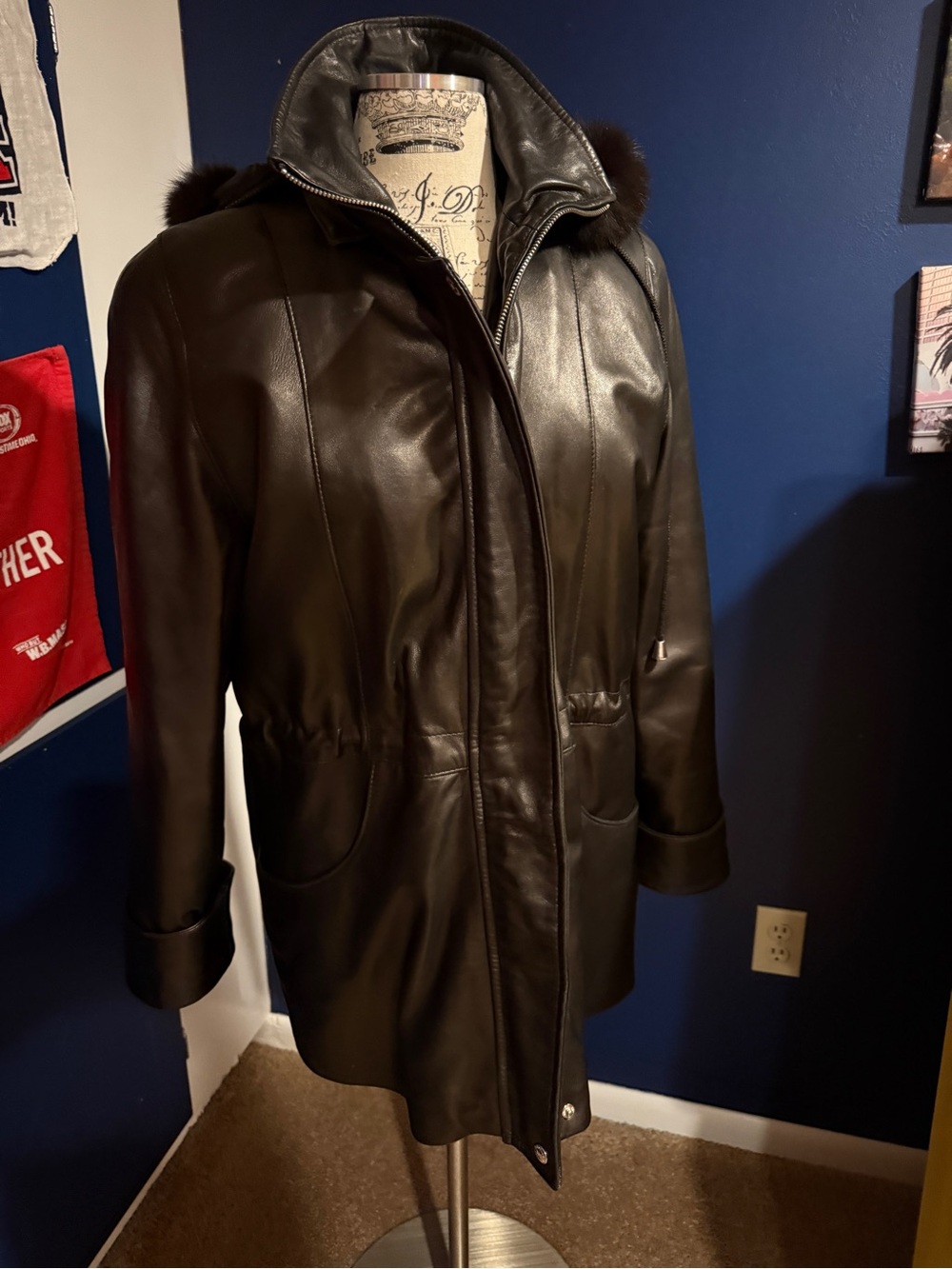 Vintage Damselle Brown Lambskin Leather Parka Coat Fur Trim Hood size small